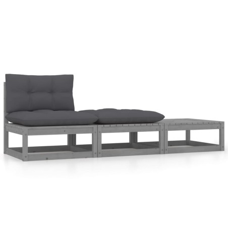 vidaXL Set de muebles de jardín 3 pzas con cojines madera pino gris