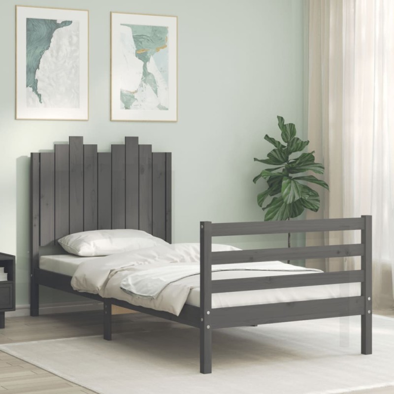 vidaXL Estructura de cama con cabecero madera maciza gris 90x200 cm