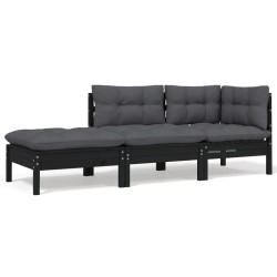 vidaXL Muebles de jardín 3 pzas con cojines negro madera maciza pino