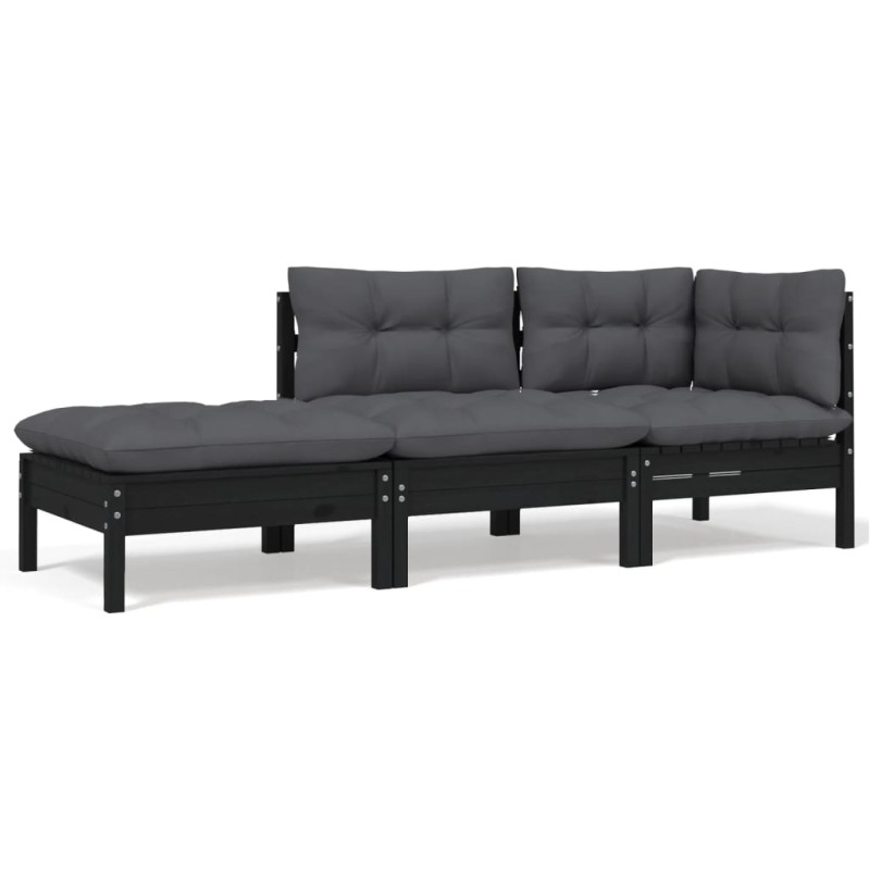 vidaXL Muebles de jardín 3 pzas con cojines negro madera maciza pino vidaXL Muebles de jardín 3 pzas con cojines negro madera maciza pino