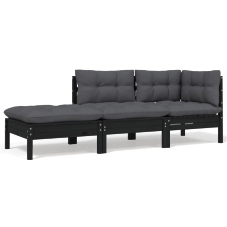 vidaXL Muebles de jardín 3 pzas con cojines negro madera maciza pino