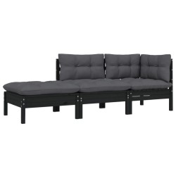 vidaXL Muebles de jardín 3 pzas con cojines negro madera maciza pino