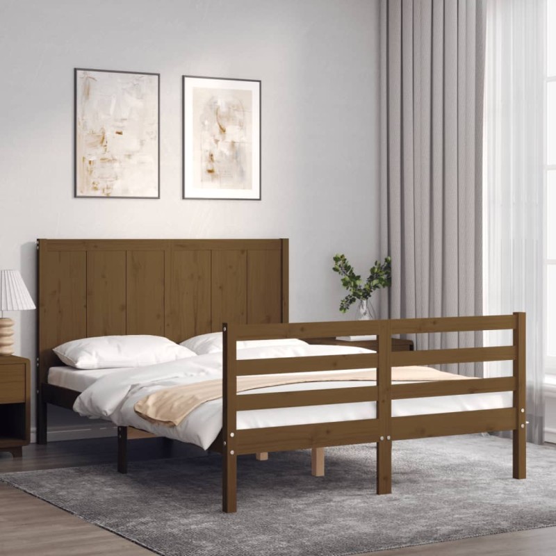 vidaXL Estructura de cama matrimonio con cabecero madera marrón miel vidaXL Estructura de cama matrimonio con cabecero madera marrón miel