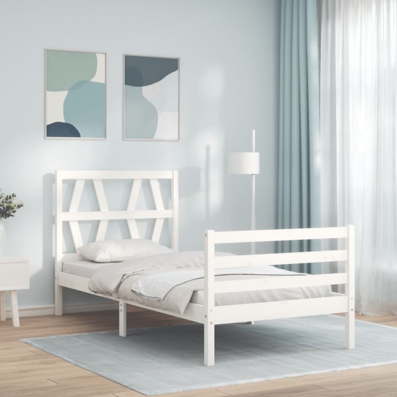 vidaXL Estructura de cama con cabecero madera maciza blanco 90x200 cm vidaXL Estructura de cama con cabecero madera maciza blanco 90x200 cm