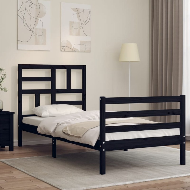 vidaXL Estructura de cama con cabecero madera maciza negro 90x200 cm