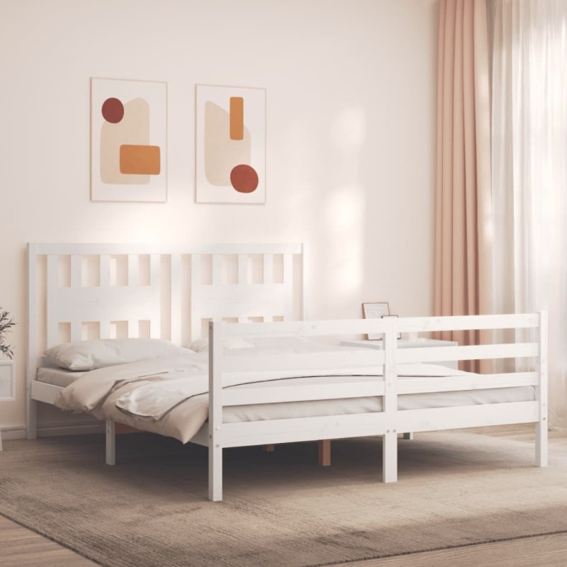 vidaXL Estructura de cama matrimonio con cabecero madera maciza blanco vidaXL Estructura de cama matrimonio con cabecero madera maciza blanco