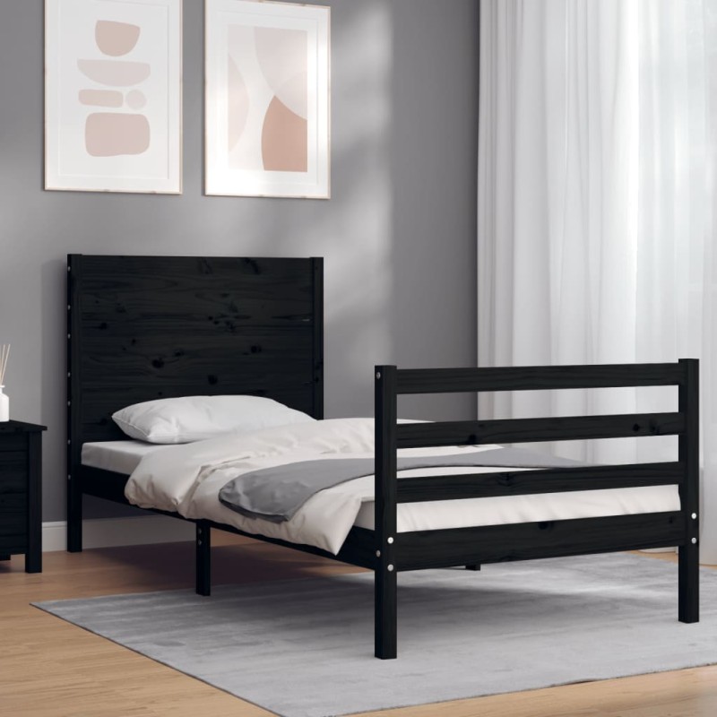 vidaXL Estructura de cama con cabecero madera maciza negro 90x200 cm vidaXL Estructura de cama con cabecero madera maciza negro 90x200 cm