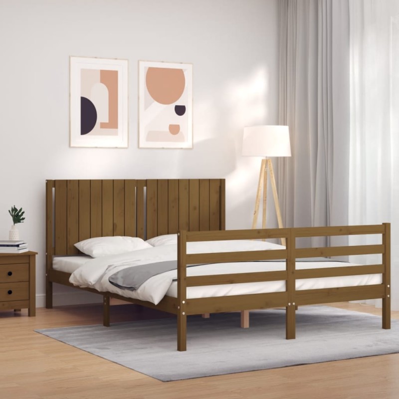 vidaXL Estructura de cama matrimonio con cabecero madera marrón miel