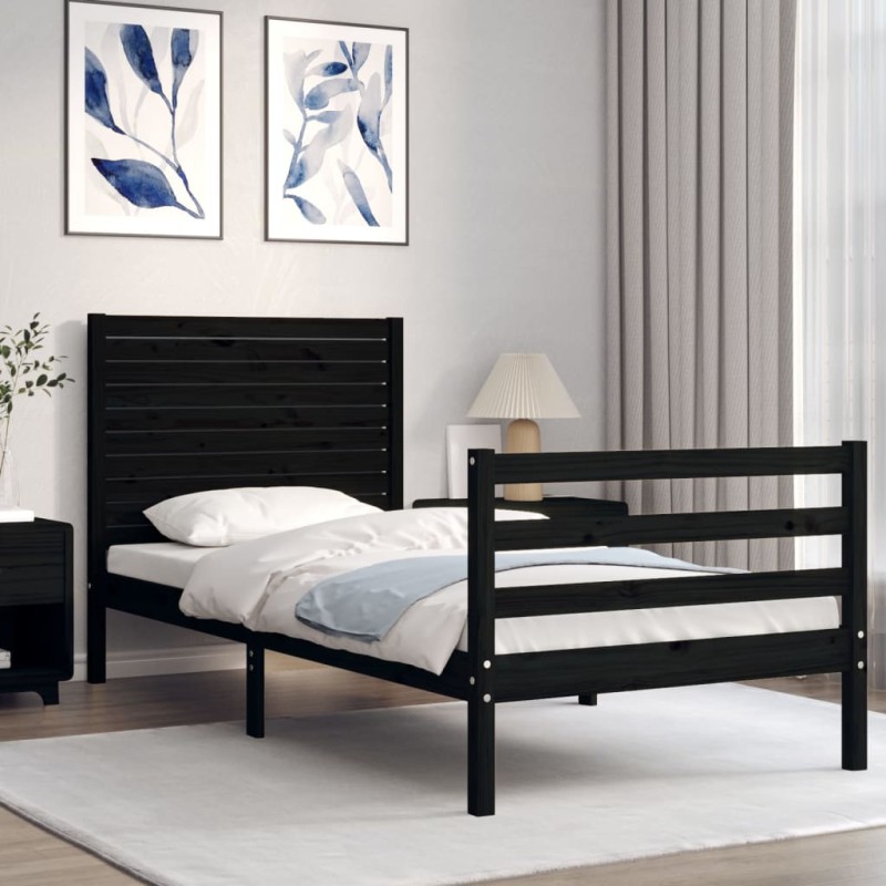 vidaXL Estructura de cama con cabecero madera maciza negro 100x200 cm vidaXL Estructura de cama con cabecero madera maciza negro 100x200 cm