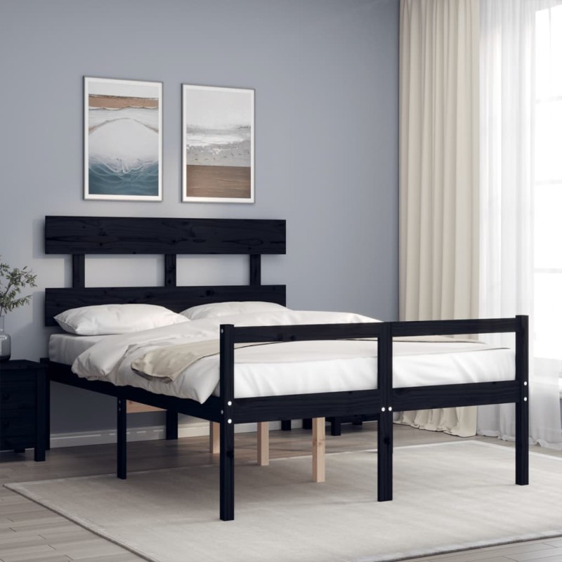 vidaXL Cama para personas mayores con cabecero madera maciza negro vidaXL Cama para personas mayores con cabecero madera maciza negro