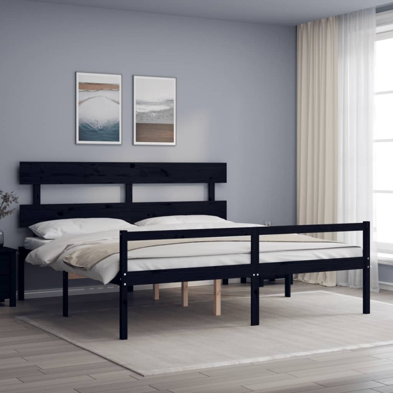vidaXL Cama matrimonio personas mayores cabecero madera maciza negro vidaXL Cama matrimonio personas mayores cabecero madera maciza negro