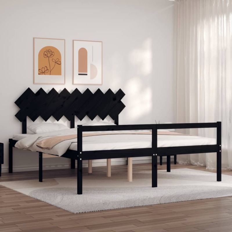vidaXL Cama matrimonio personas mayores cabecero madera maciza negro vidaXL Cama matrimonio personas mayores cabecero madera maciza negro