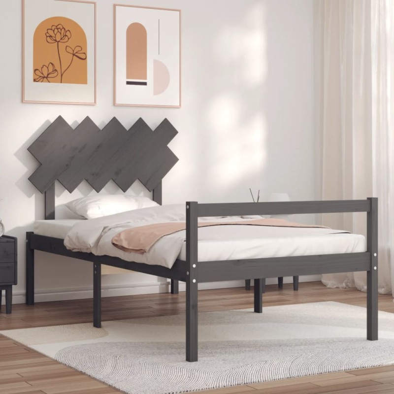 vidaXL Cama personas mayores cabecero madera maciza gris 100x200 cm vidaXL Cama personas mayores cabecero madera maciza gris 100x200 cm