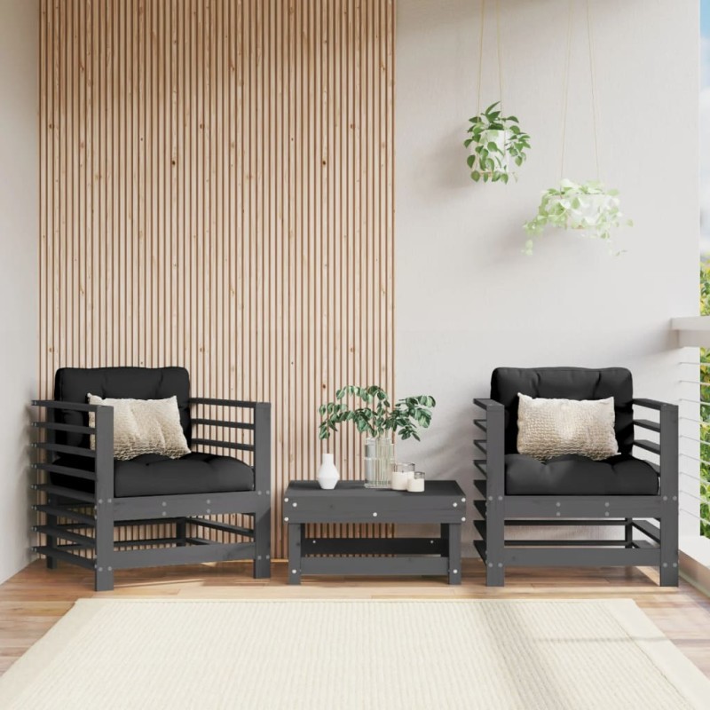 vidaXL Sillones de jardín con cojines 2 uds madera maciza de pino gris