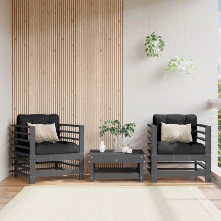 vidaXL Sillones de jardín con cojines 2 uds madera maciza de pino gris
