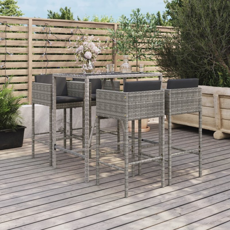 vidaXL Mesa y taburetes altos jardín 5 piezas y cojines ratán PE gris vidaXL Mesa y taburetes altos jardín 5 piezas y cojines ratán PE gris