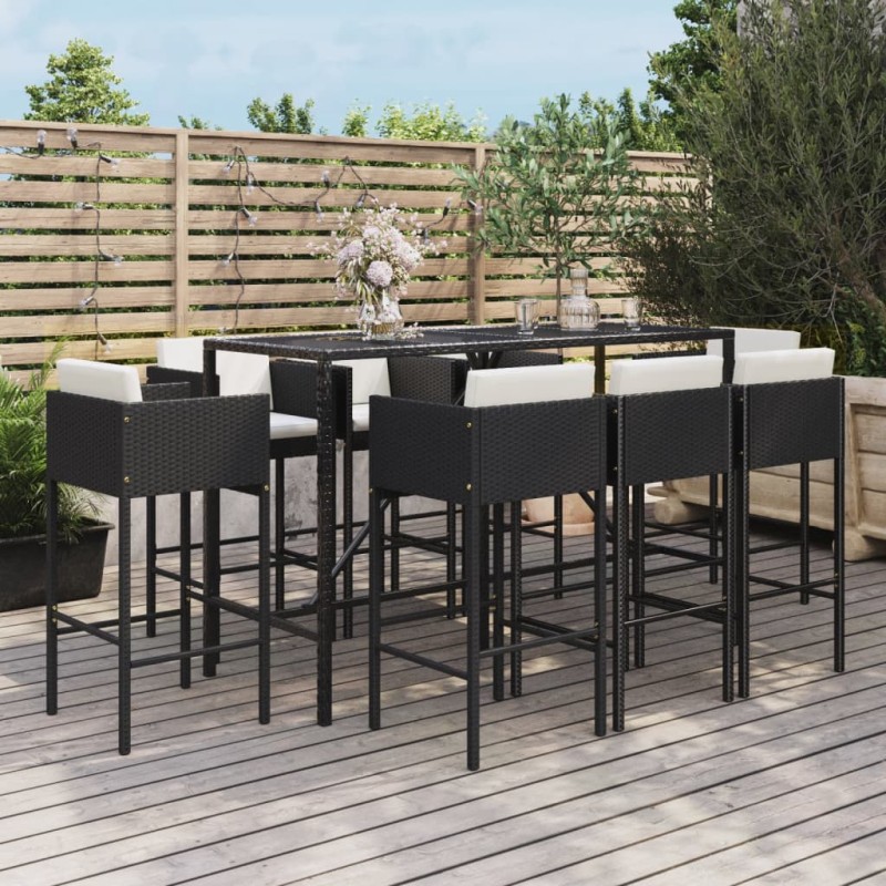 vidaXL Mesa y taburetes altos jardín 9 piezas y cojines ratán PE negro vidaXL Mesa y taburetes altos jardín 9 piezas y cojines ratán PE negro