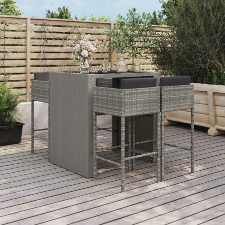 vidaXL Mesa y taburetes altos jardín 5 piezas y cojines ratán PE gris