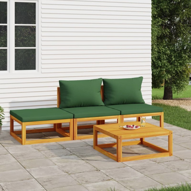 vidaXL Juego muebles de jardín 4 piezas madera maciza y cojines verdes