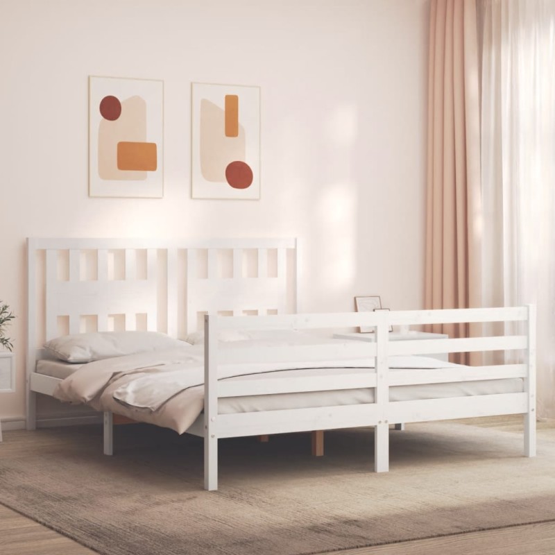 vidaXL Estructura de cama con cabecero madera maciza blanco 160x200 cm vidaXL Estructura de cama con cabecero madera maciza blanco 160x200 cm
