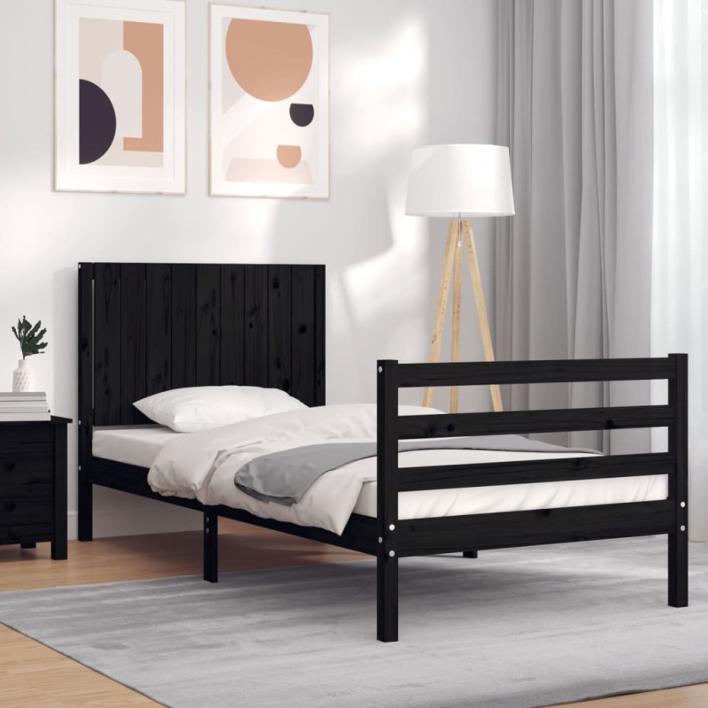 vidaXL Estructura de cama con cabecero madera maciza negro 90x200 cm vidaXL Estructura de cama con cabecero madera maciza negro 90x200 cm