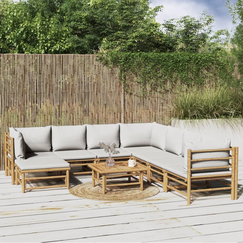 vidaXL Set de muebles de jardín 9 piezas bambú y cojines gris claro vidaXL Set de muebles de jardín 9 piezas bambú y cojines gris claro