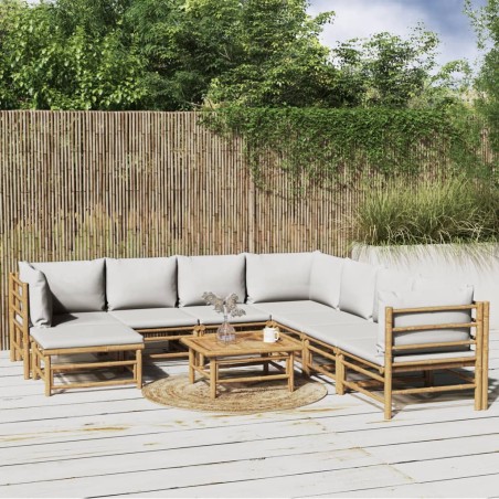 vidaXL Set de muebles de jardín 9 piezas bambú y cojines gris claro