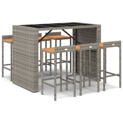 vidaXL Mesa bar y taburetes jardín 7 pzas madera acacia ratán PE gris