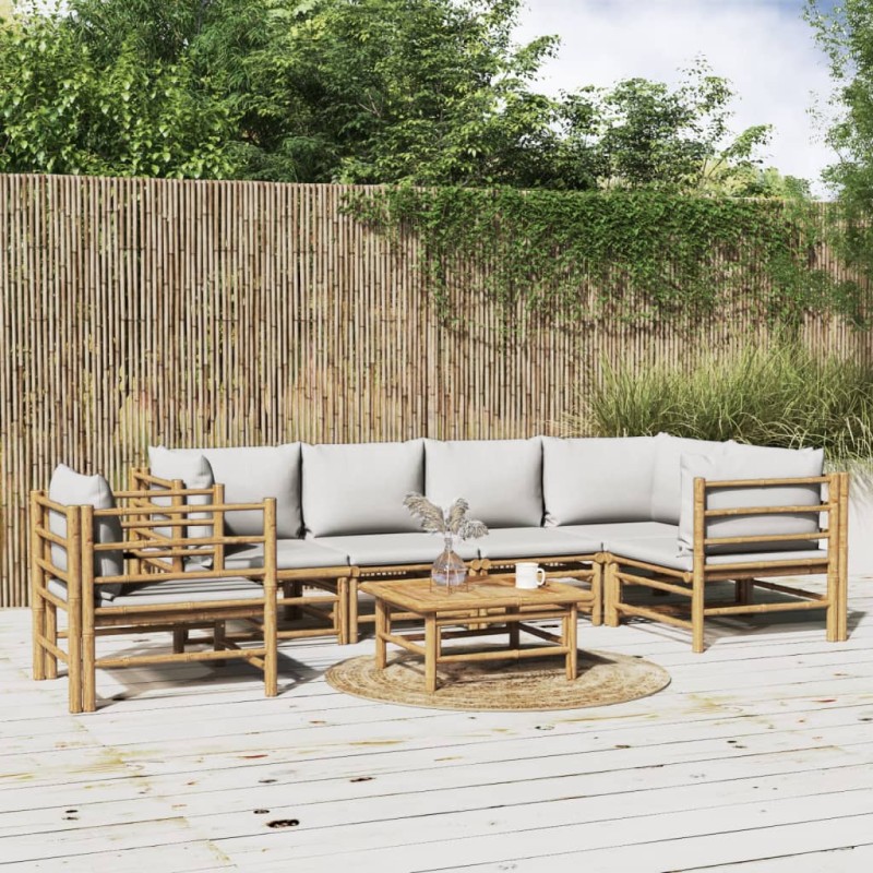 vidaXL Set de muebles de jardín 7 piezas bambú y cojines gris claro vidaXL Set de muebles de jardín 7 piezas bambú y cojines gris claro