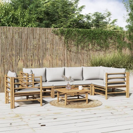 vidaXL Set de muebles de jardín 7 piezas bambú y cojines gris claro