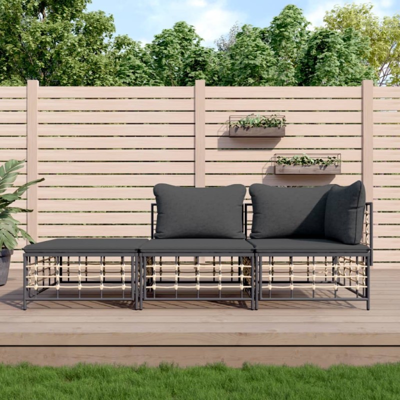 vidaXL Juego de muebles de jardín 3 pzas cojines antracita ratán PE vidaXL Juego de muebles de jardín 3 pzas cojines antracita ratán PE
