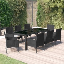 vidaXL Set de comedor de jardín 9 pzas y cojines ratán sintético negro