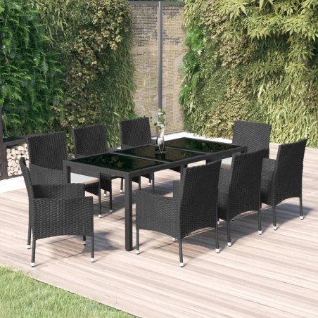 vidaXL Set de comedor de jardín 9 pzas y cojines ratán sintético negro