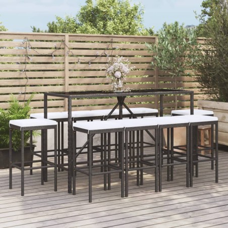 vidaXL Mesa y taburetes altos jardín 11 pzas y cojines ratán PE negro