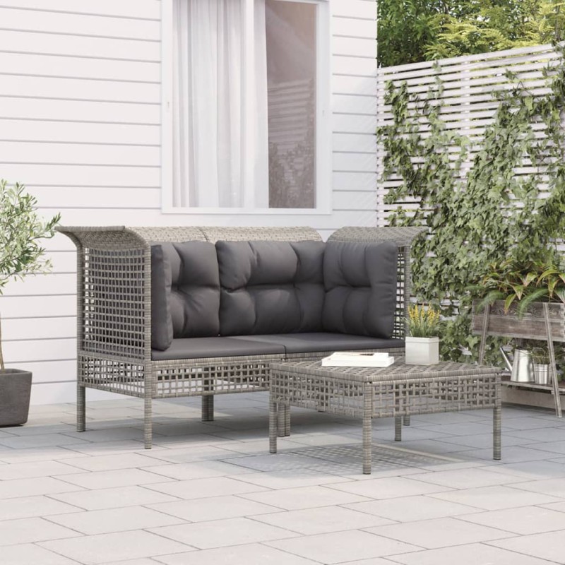 vidaXL Set de muebles de jardín 3 pzas y cojines ratán sintético gris vidaXL Set de muebles de jardín 3 pzas y cojines ratán sintético gris