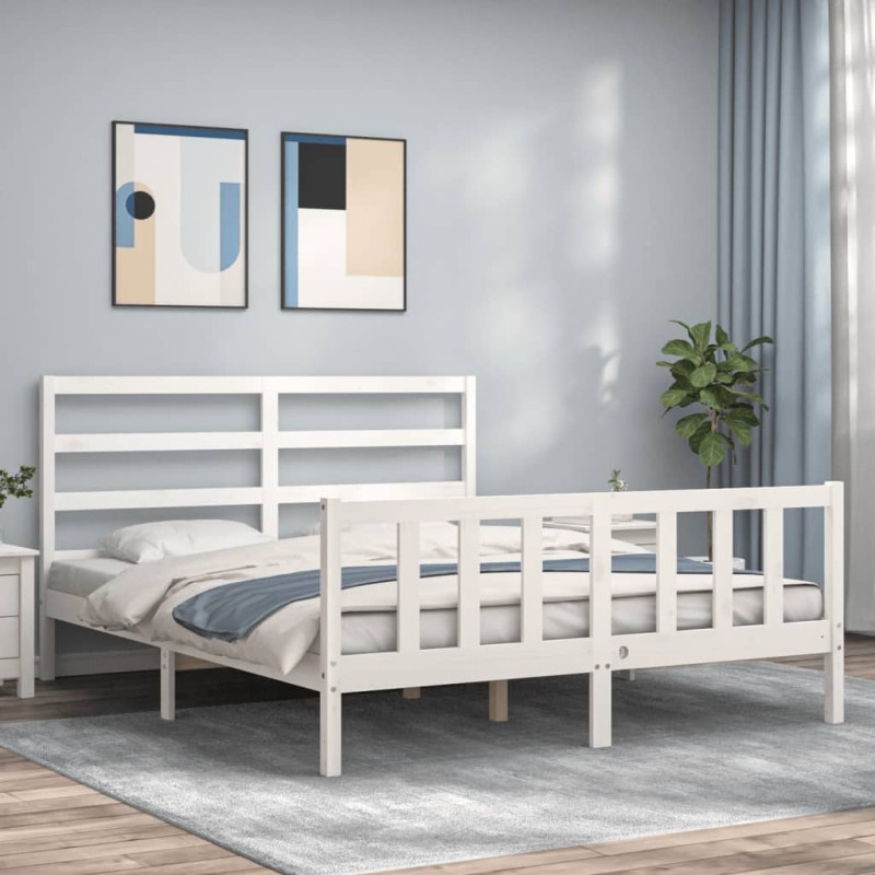vidaXL Estructura de cama con cabecero madera maciza blanco 160x200 cm vidaXL Estructura de cama con cabecero madera maciza blanco 160x200 cm