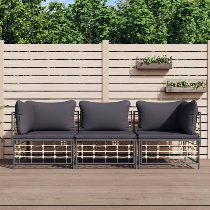vidaXL Juego de muebles de jardín 3 pzas cojines antracita ratán PE vidaXL Juego de muebles de jardín 3 pzas cojines antracita ratán PE