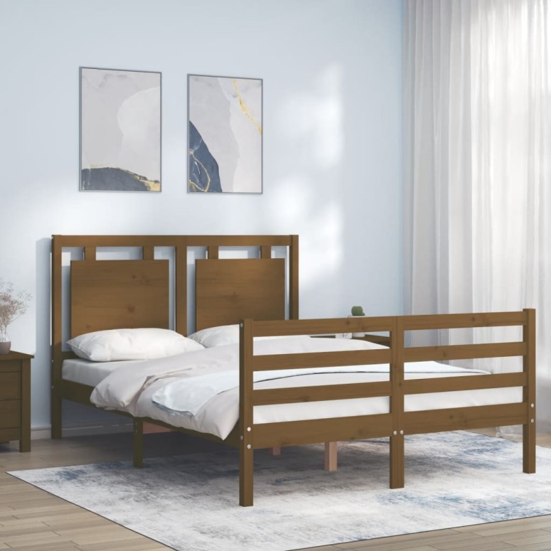 vidaXL Estructura de cama matrimonio con cabecero madera marrón miel vidaXL Estructura de cama matrimonio con cabecero madera marrón miel