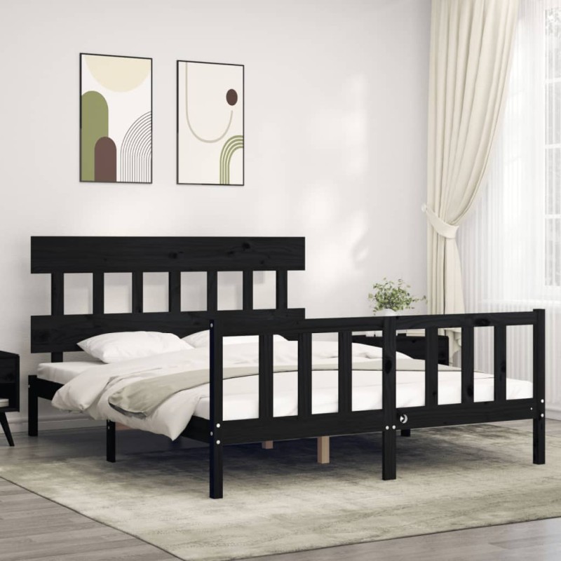 vidaXL Estructura cama de matrimonio con cabecero madera maciza negro vidaXL Estructura cama de matrimonio con cabecero madera maciza negro
