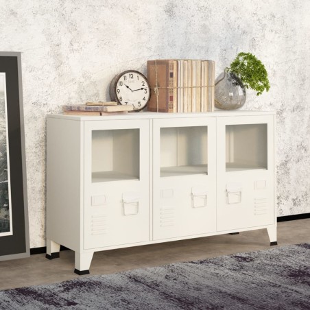 vidaXL Aparador industrial de metal y vidrio blanco 105x35x62 cm