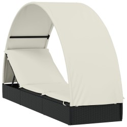 vidaXL Tumbona con toldo redondo ratán sintético negro 211x57x140 cm