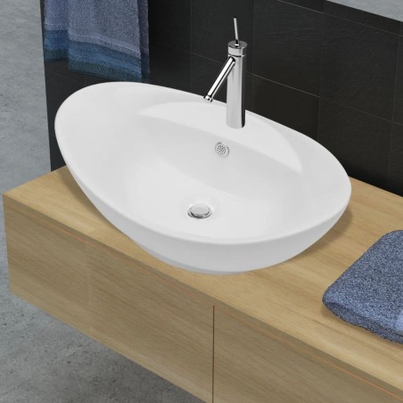 vidaXL Lavabo de cerámica ovalado con orificio de grifo y rebosadero 