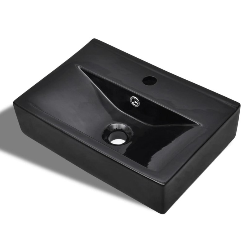 vidaXL Lavabo rectangular de cerámica hueco de grifo/desagüe negro vidaXL Lavabo rectangular de cerámica hueco de grifo/desagüe negro