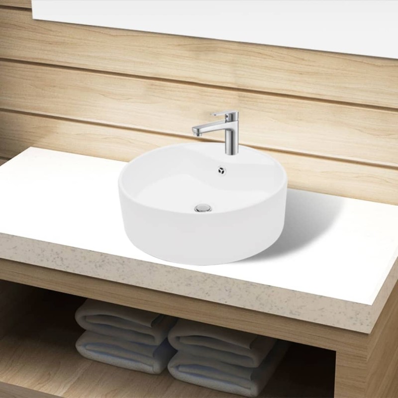 Lavabo de cerámica con agujero para grifo/desagüe blanco redondo Lavabo de cerámica con agujero para grifo/desagüe blanco redondo