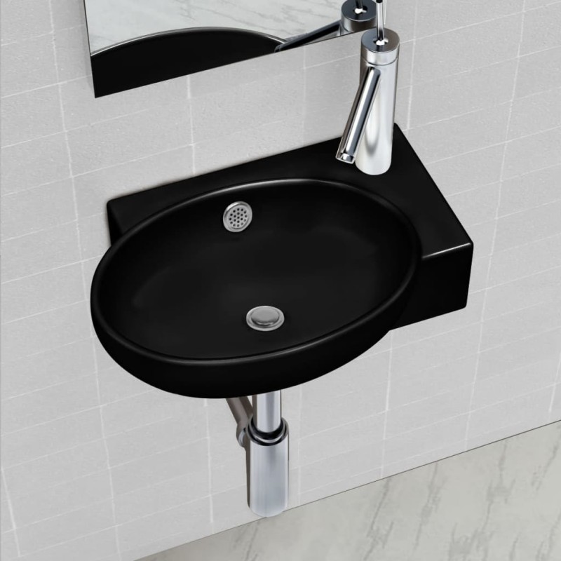 vidaXL Lavabo redondo de cerámica con orificio de grifo/desagüe negro