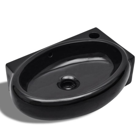 vidaXL Lavabo redondo de cerámica con orificio de grifo/desagüe negro
