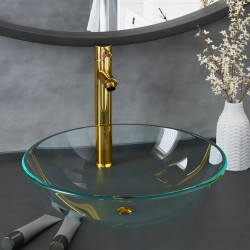 vidaXL Lavabo con grifo y tapón pulsador cristal templado transparente 