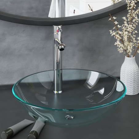 vidaXL Lavabo con grifo y tapón pulsador cristal templado transparente 
