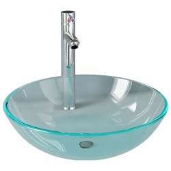 vidaXL Lavabo con grifo y tapón pulsador cristal templado transparente 