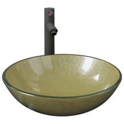 vidaXL Lavabo grifo tapón pulsador cristal templado dorado